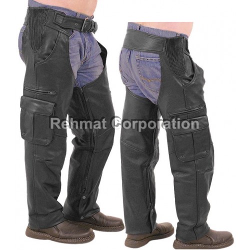 CARGO STYLE BLACK LEATHER CHAPS HORSE RACING