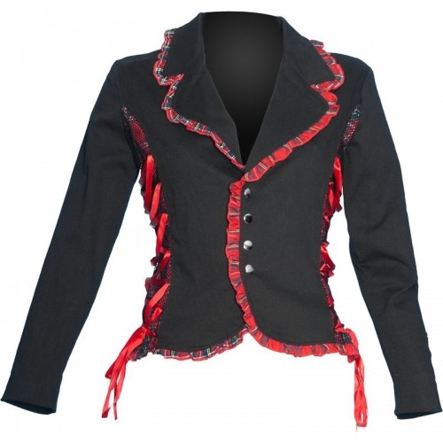 2015 GOTHIC BLACK COTTON PUNK JACKETS WITH TARTAN TRIMMING FOR WOMENS 