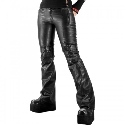 2015 GOTHIC STYLE BLACK LEATHER LOOK BUCKLE PANTS FOR WOMENS 